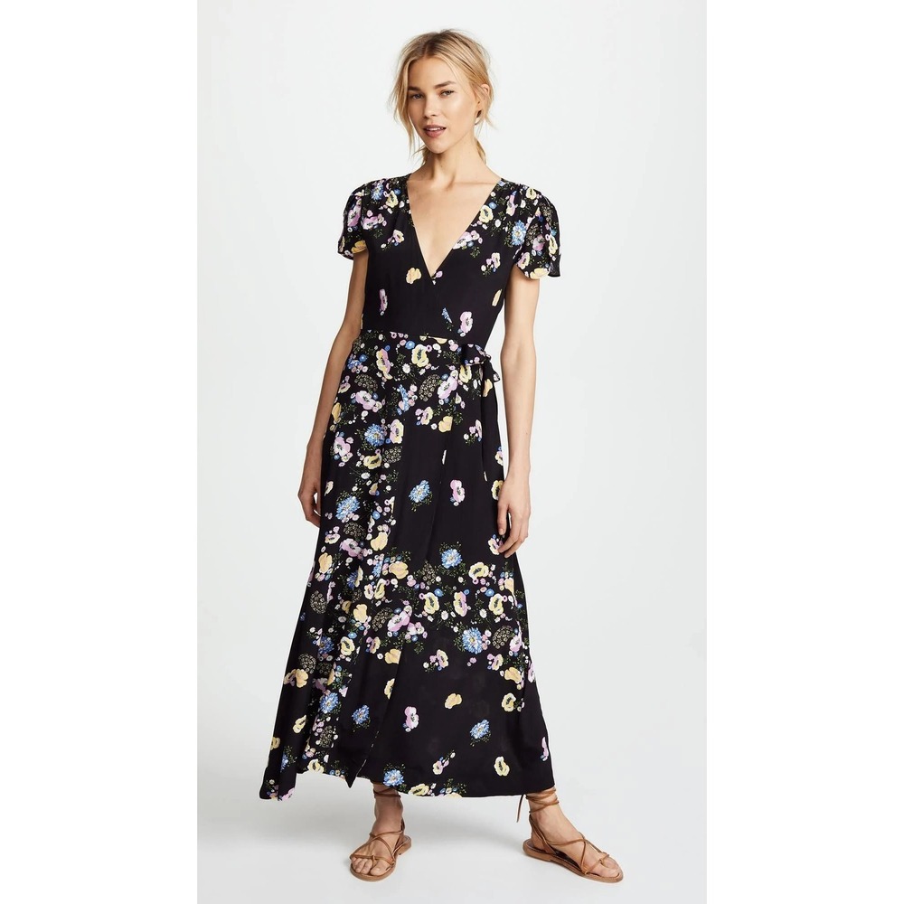 Free People Gorgeous Jess Wrap Dress Black Floral Maxi Short Sleeve Size S